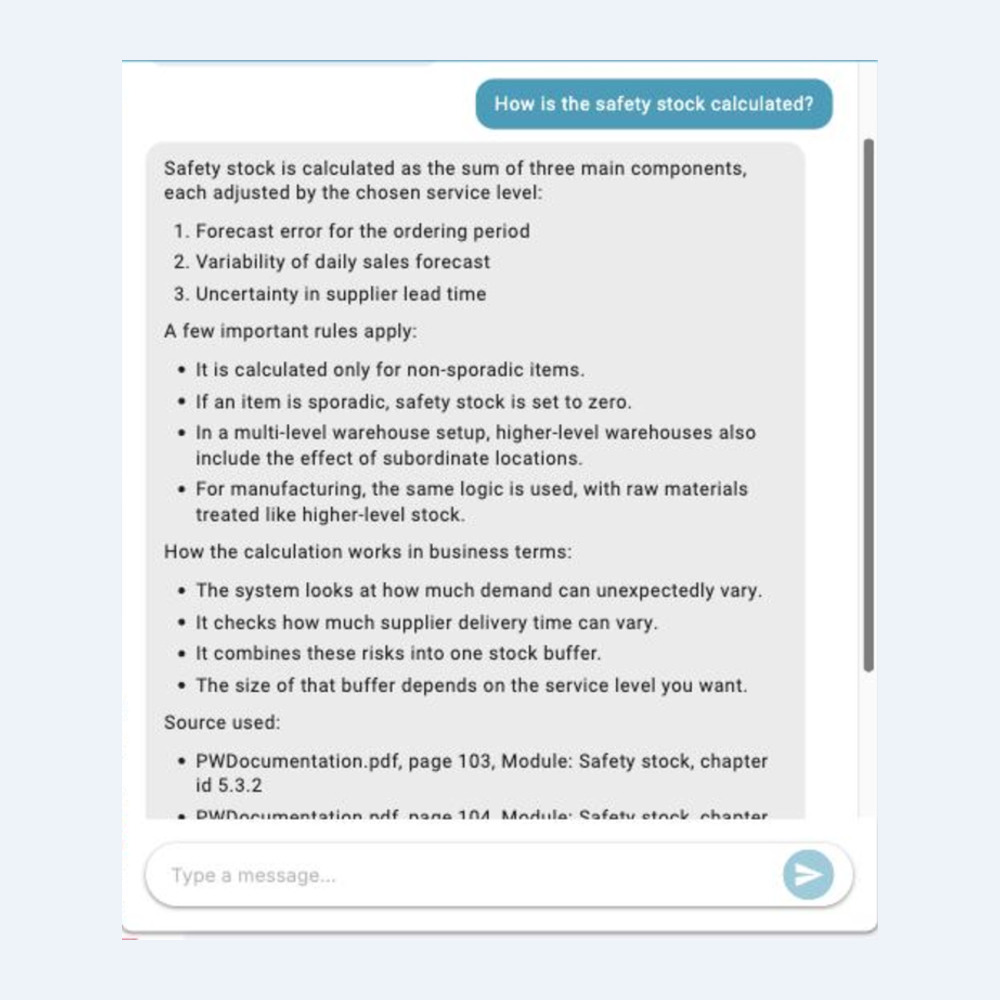 VertiQ in Veritico STOCK explaining how safety stock is calculated, with documentation sources