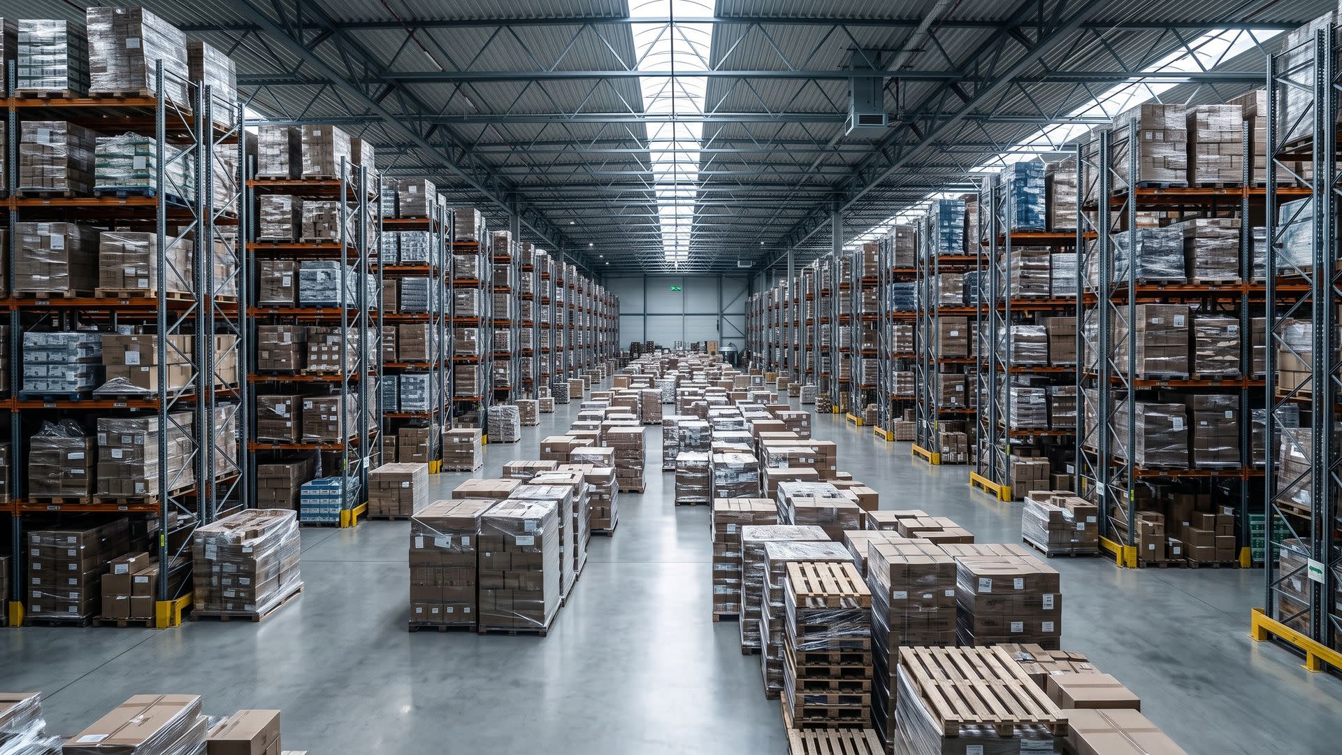 Fully occupied warehouse racking with pallets stacked in the aisle.