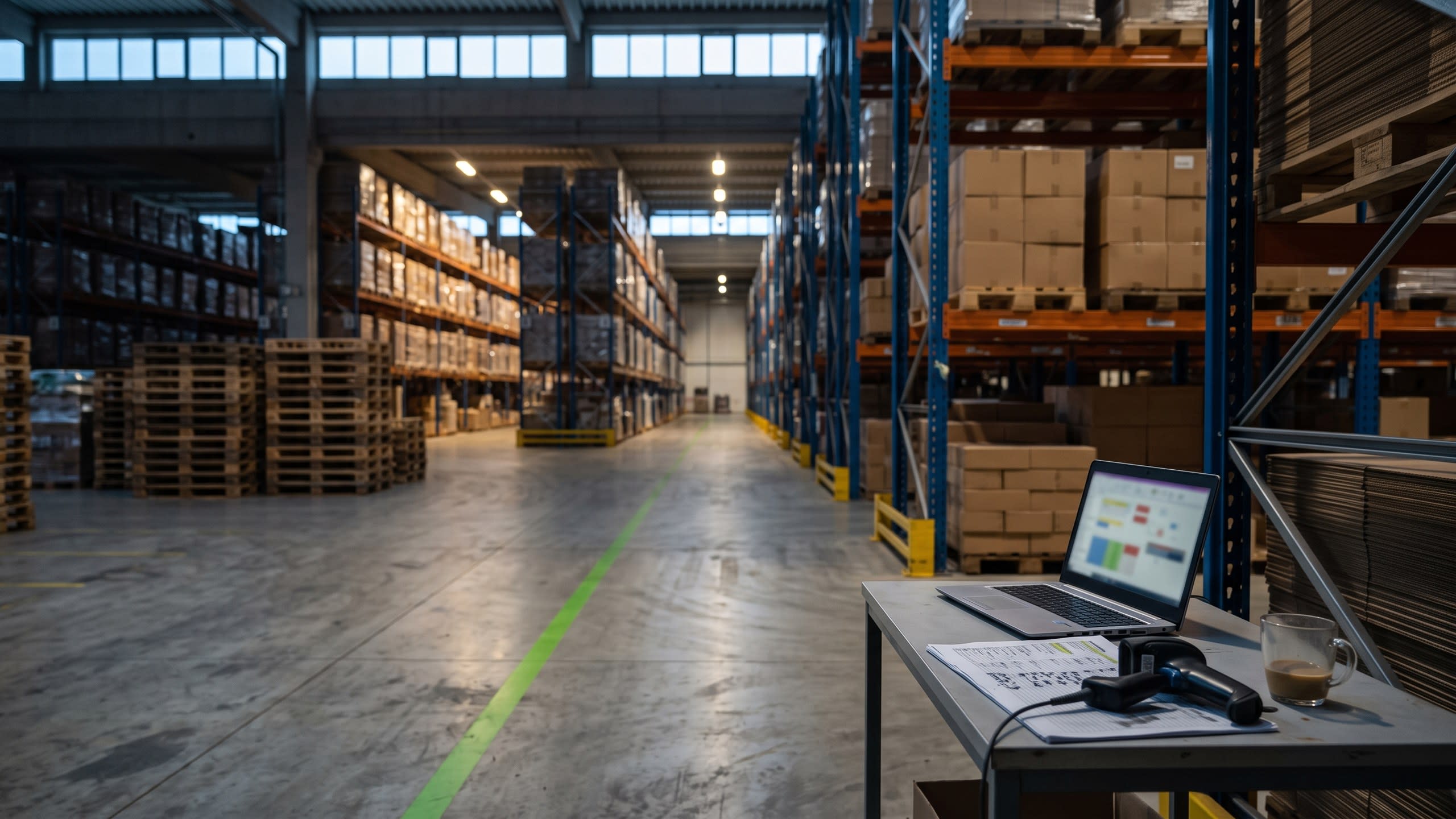 A supervisor's desk with a laptop and a scanner at the edge of a warehouse aisle, early morning, half the racking still unlit.