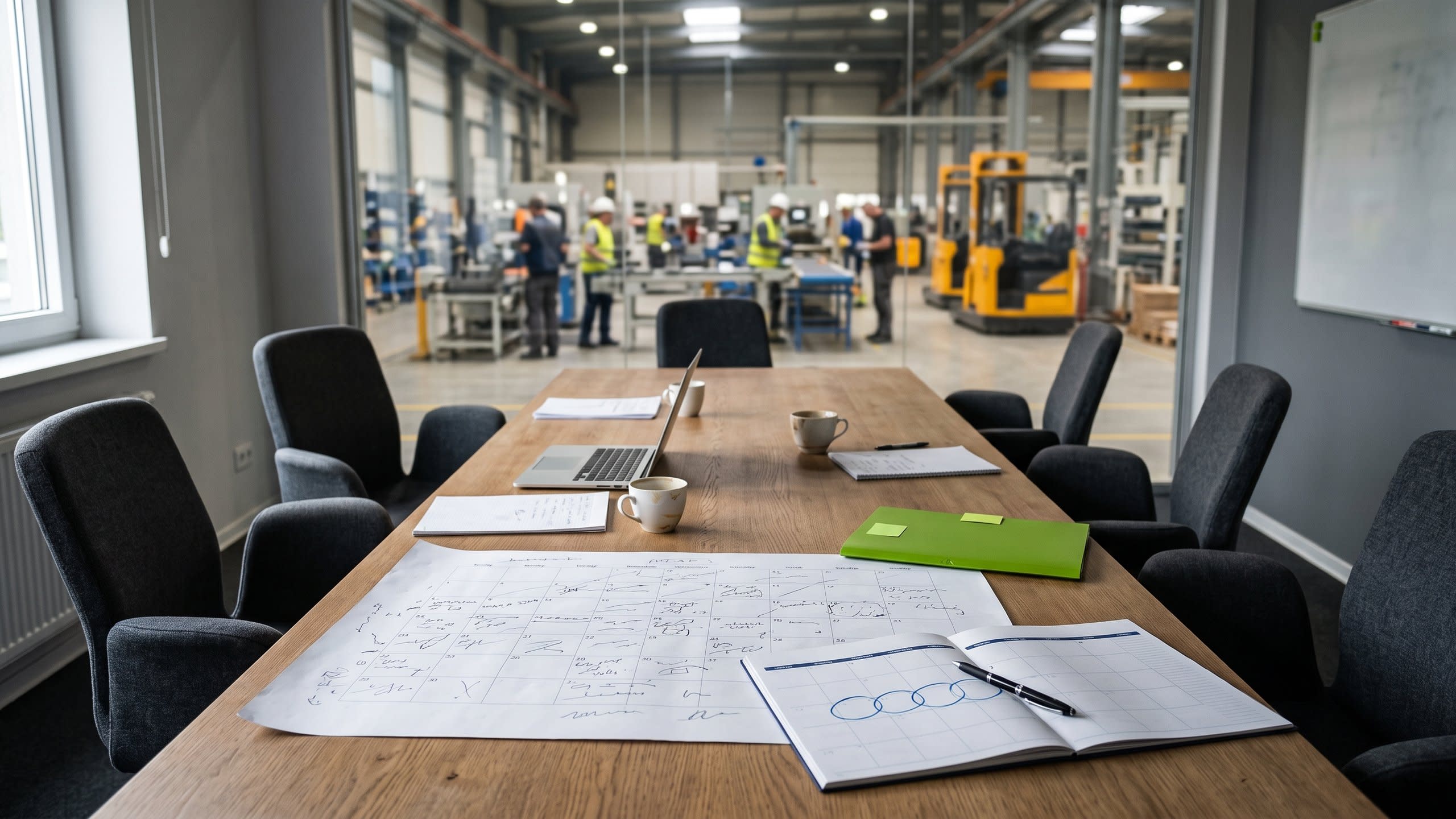 A meeting room table with a hand-annotated planning sheet, an open diary with a pen, a laptop and coffee cups, with a production hall and forklifts visible through a glass wall.