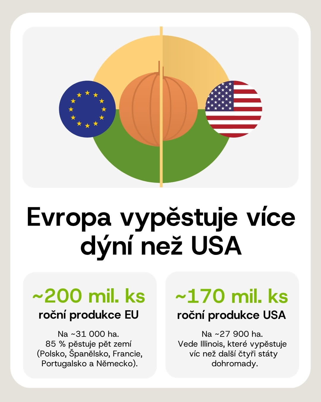 EU vypěstuje ročně zhruba 200 milionů dýní, USA zhruba 170 milionů.
