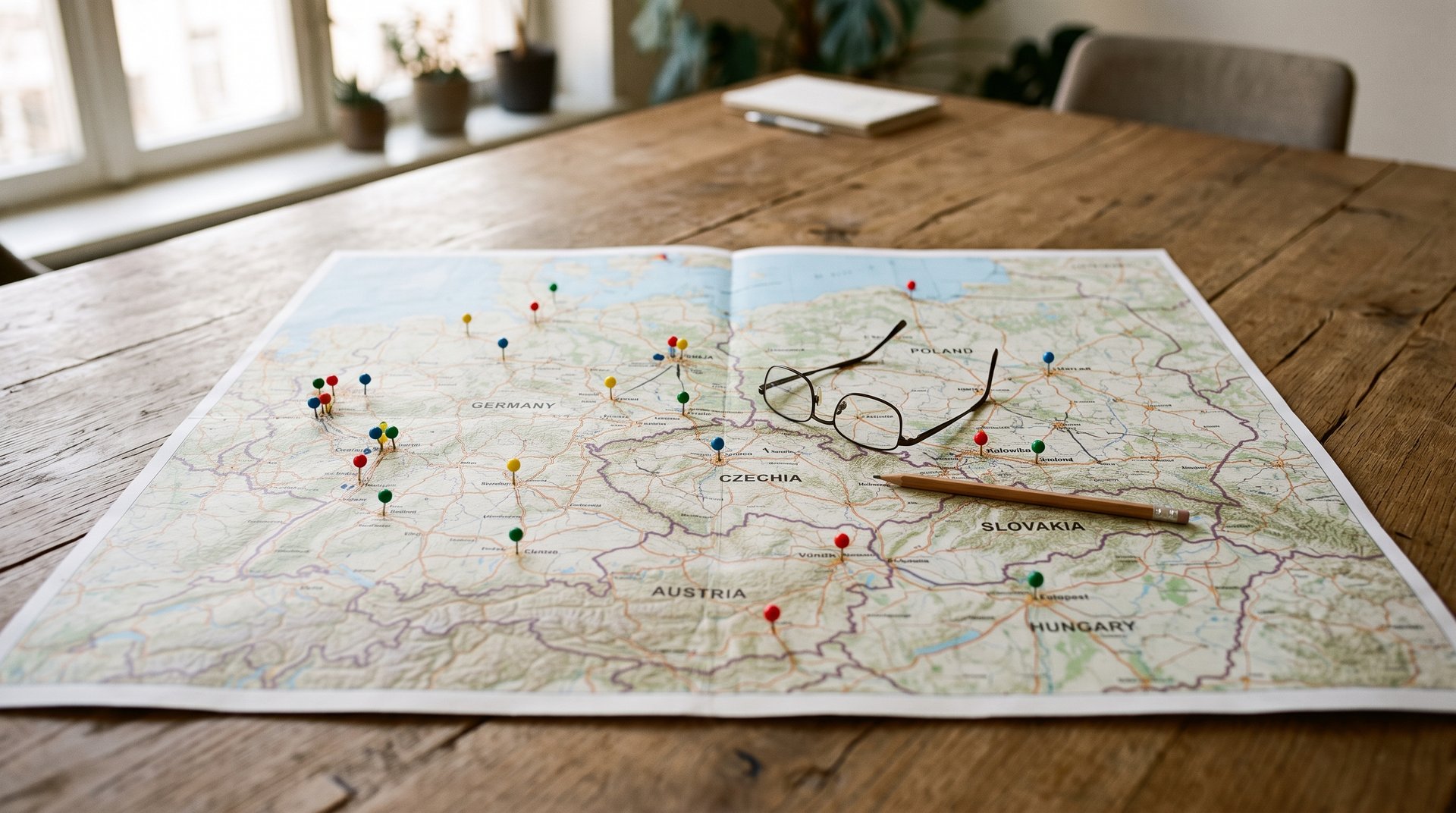 Rozložená mapa střední Evropy s barevnými špendlíky na dřevěném stole