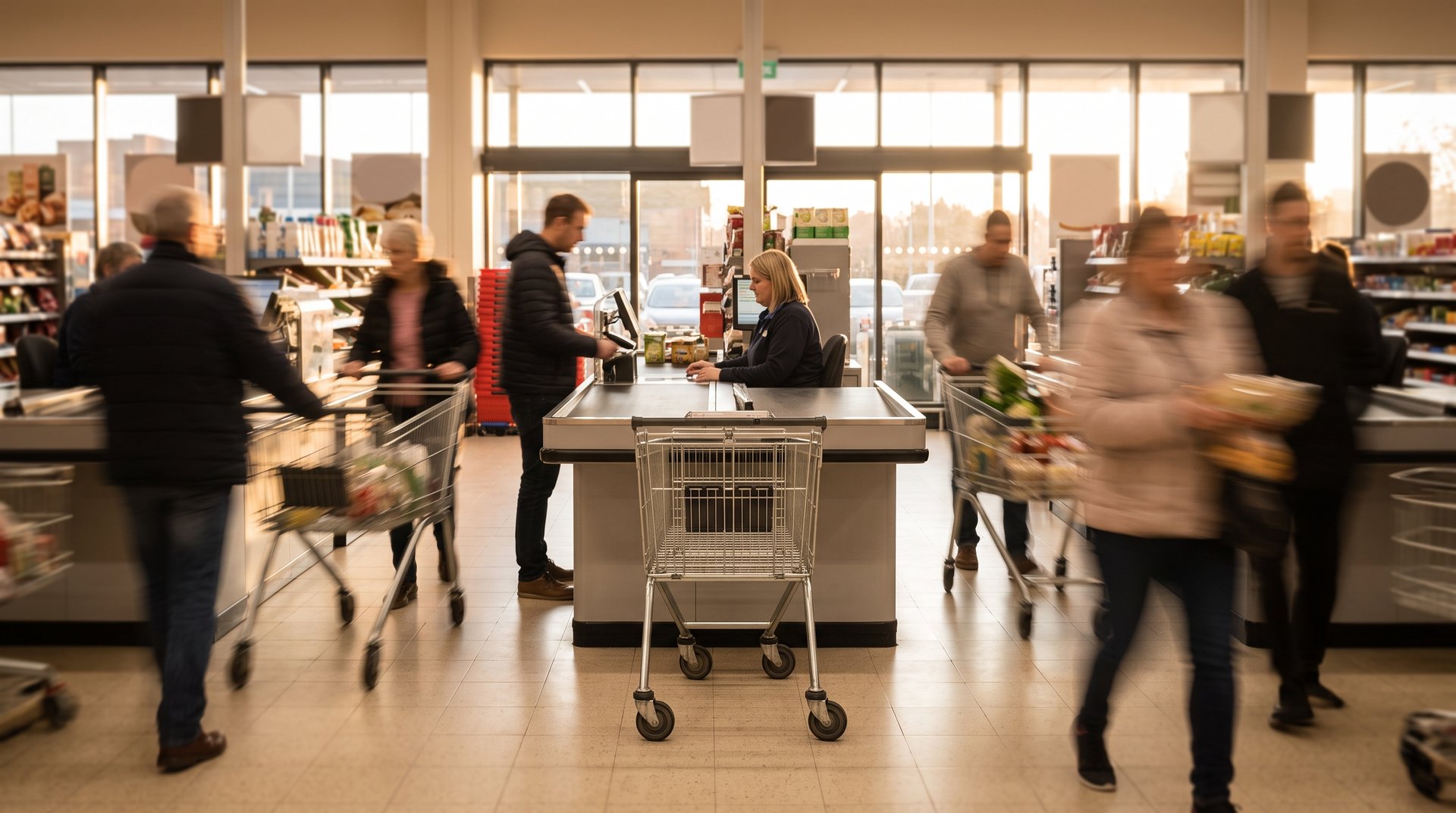 Rozmazaní zákazníci s vozíky u pokladen supermarketu