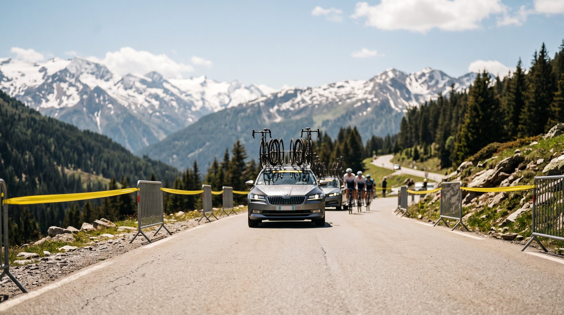 Team car with spare wheels on the roof on a mountain road ahead of a group of cyclists