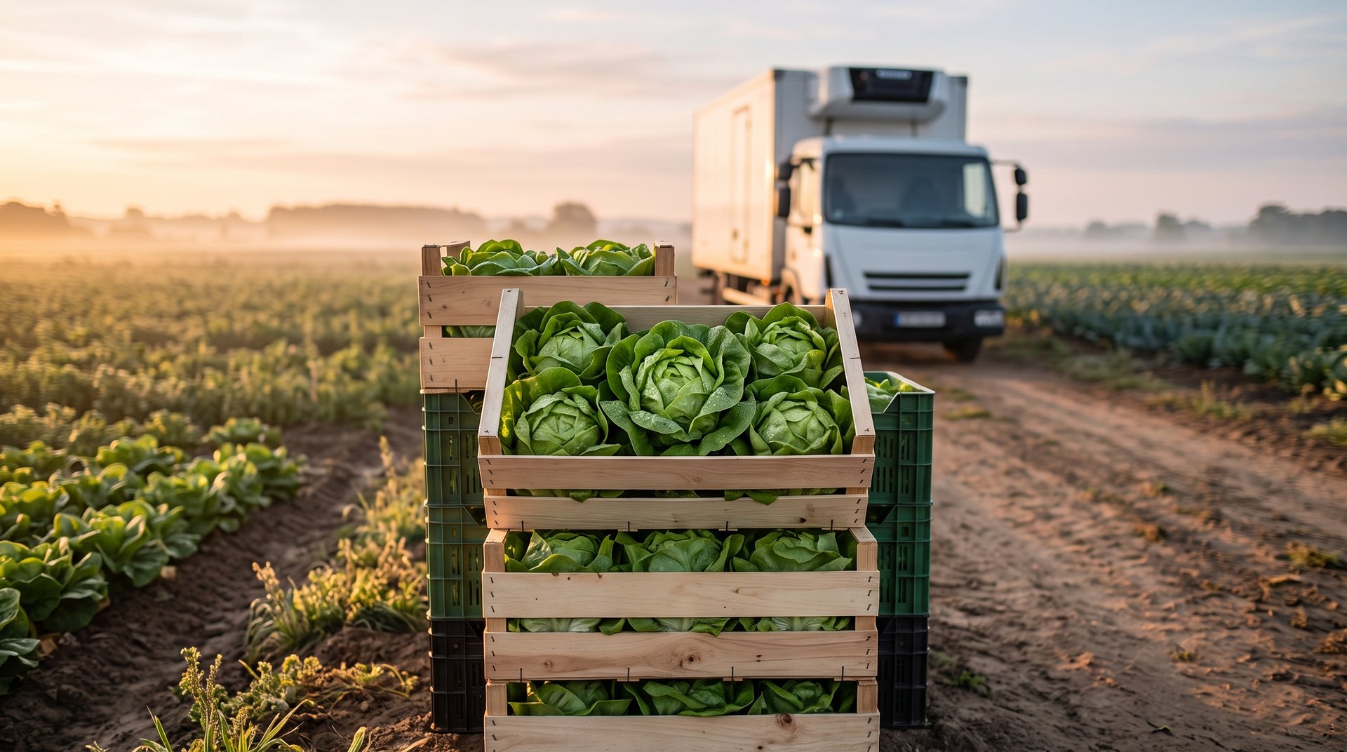 Crates of iceberg lettuce in a field at dawn with a refrigerated trailer behind