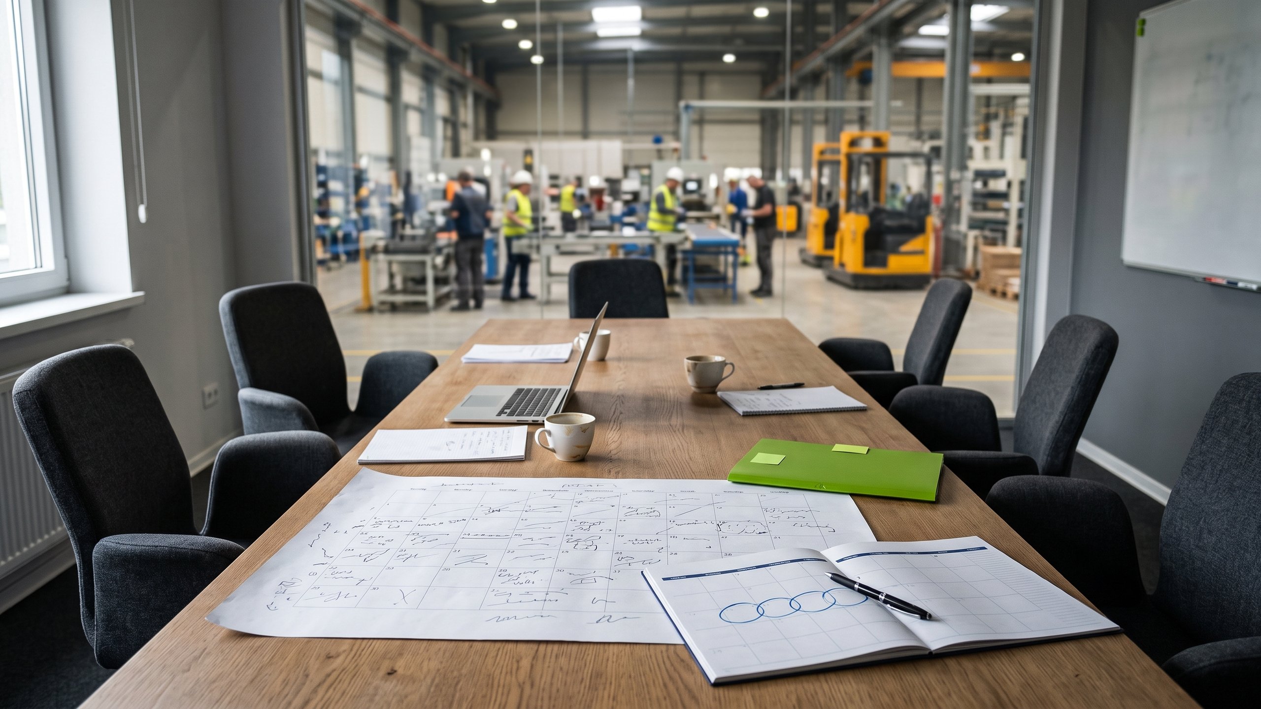 A meeting room table with a hand-annotated planning sheet, an open diary with a pen, a laptop and coffee cups, with a production hall and forklifts visible through a glass wall.