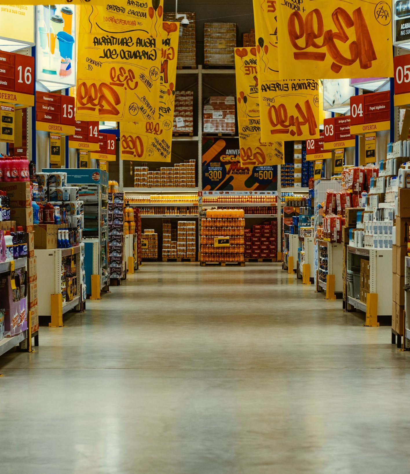 Supermarket aisle with promotional price signs