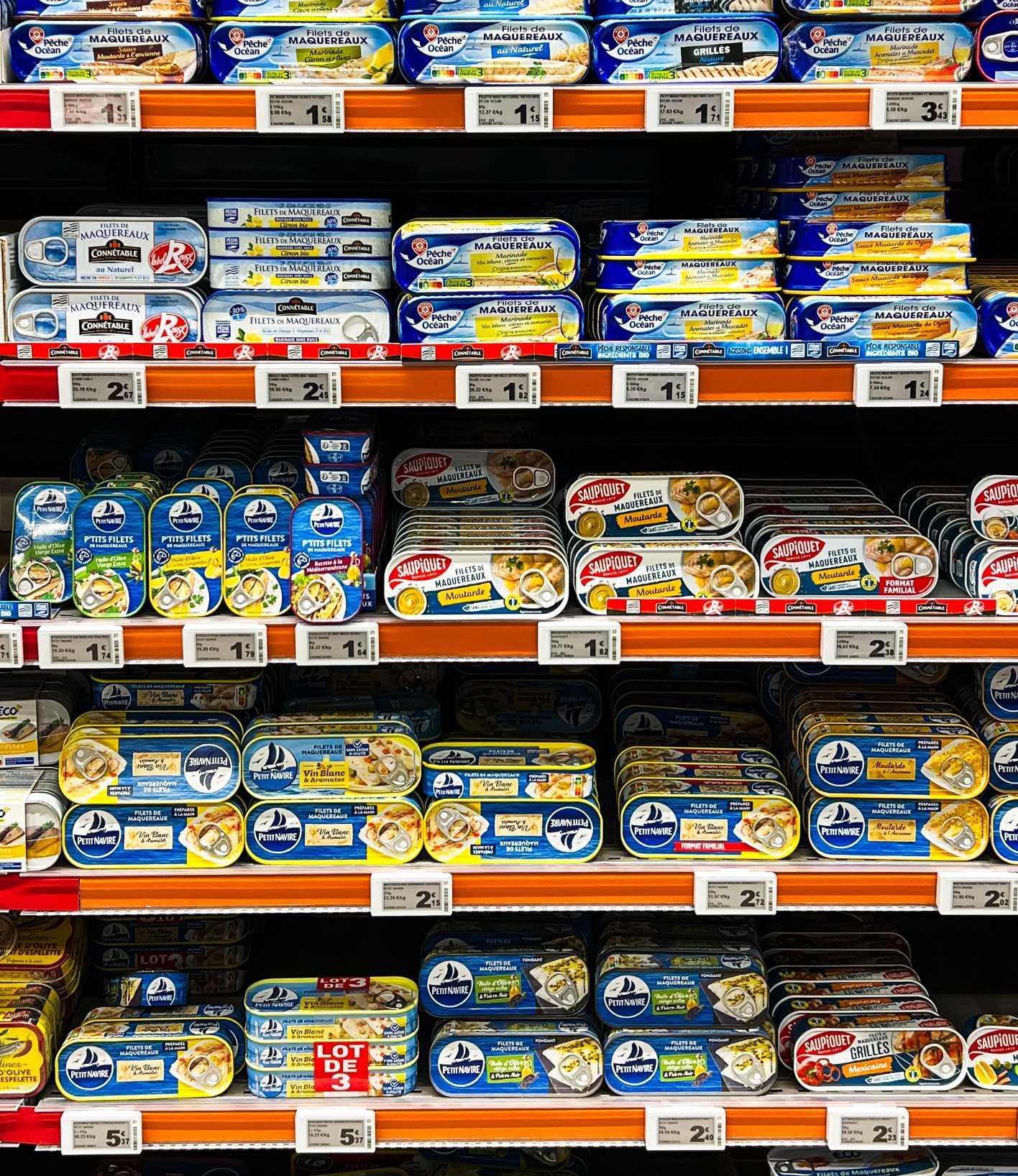 Canned goods on a store shelf with price labels