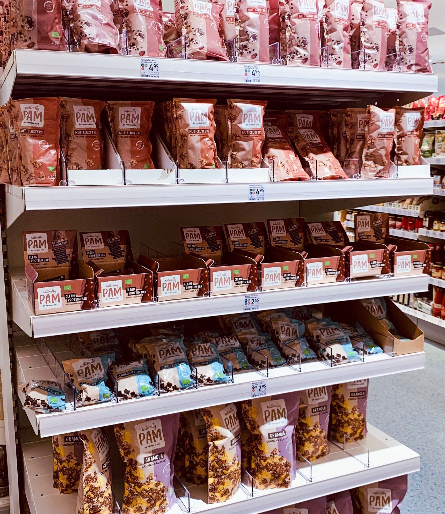 Fully stocked supermarket shelves with packaged goods