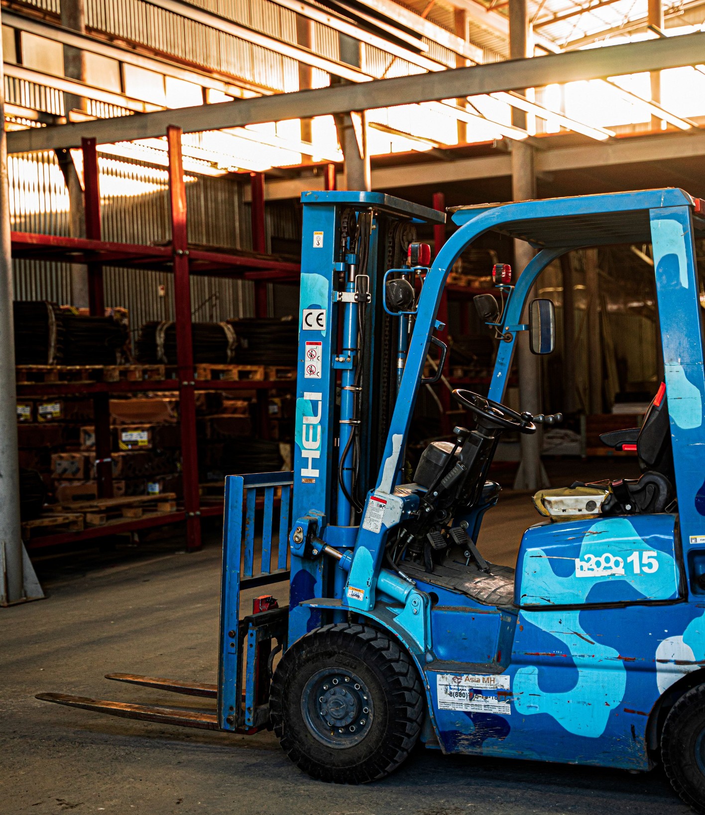 Forklift in a logistics warehouse